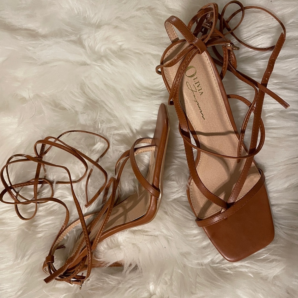 Brown square toe strapped heels